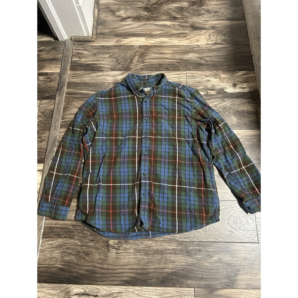 Vintage LL Bean Flannel Plaid Shirt Large Green Blue Traditional 228061 Fit 650